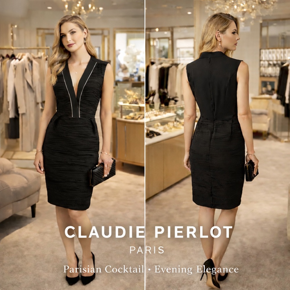 Claudie Pierlot, Paris Black Ruched Cocktail Sheath Dress Plunge,EUC, 38 Size 6